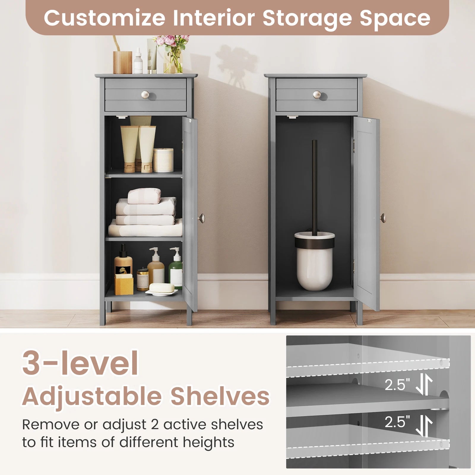 Close-up of the drawer of the Slim Grey Bathroom Storage Cabinet, emphasizing functionality as a gray freestanding organizer with ample storage.