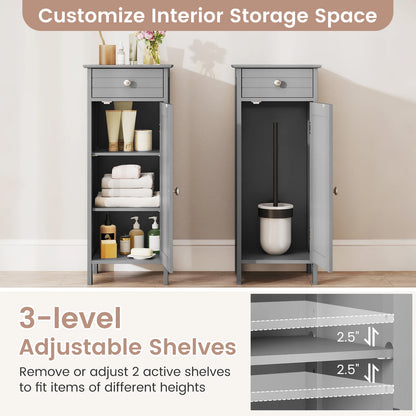 Close-up of the drawer of the Slim Grey Bathroom Storage Cabinet, emphasizing functionality as a gray freestanding organizer with ample storage.
