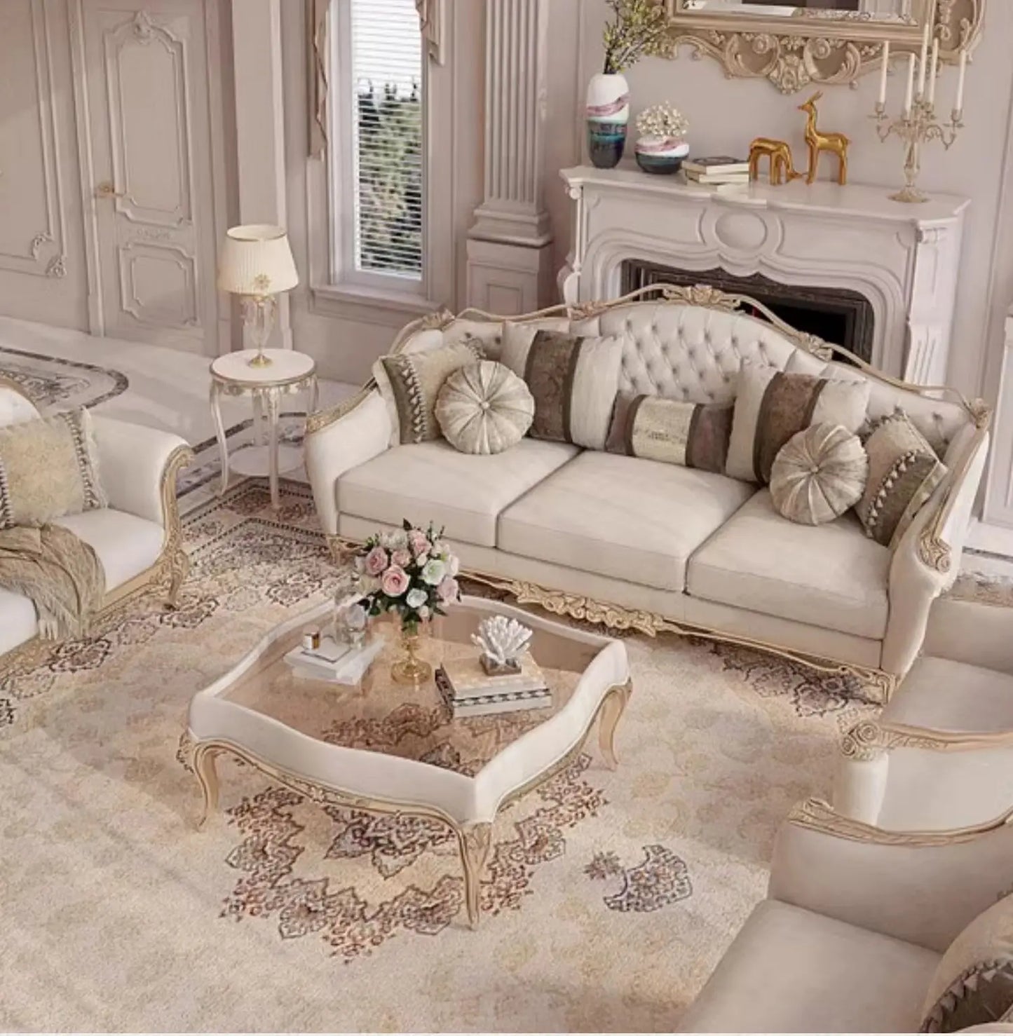 Elegant French Style Solid Wood Living Room Furniture set against a neutral background, highlighting its elegance.