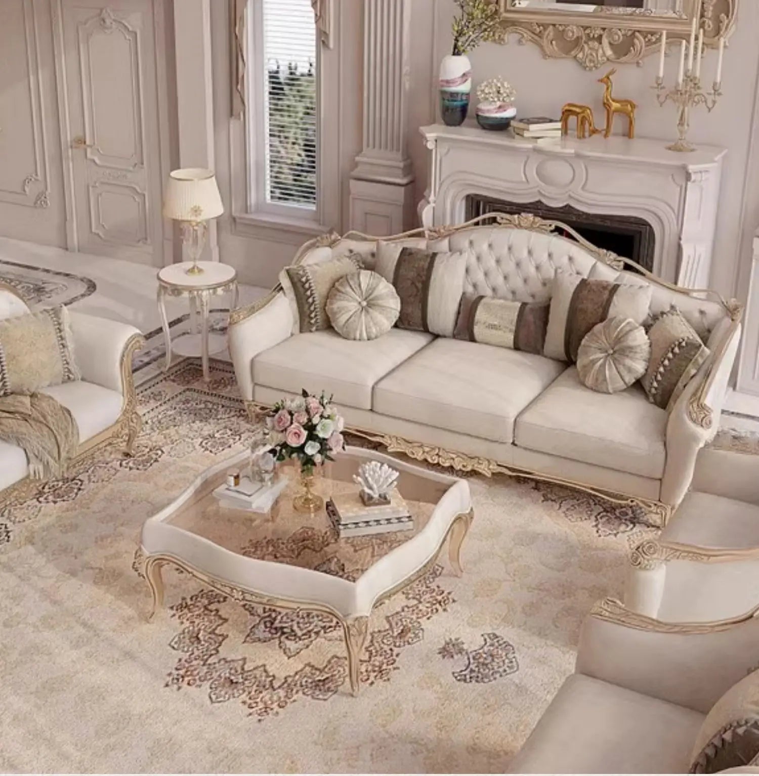 Elegant French Style Solid Wood Living Room Furniture set against a neutral background, highlighting its elegance.