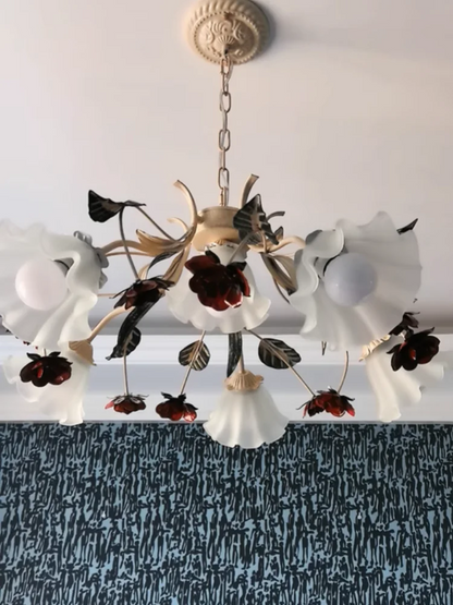 Pastoral Floral Chandelier at a dinner setting, illustrating how this floral chandelier enhances the mood for gatherings.