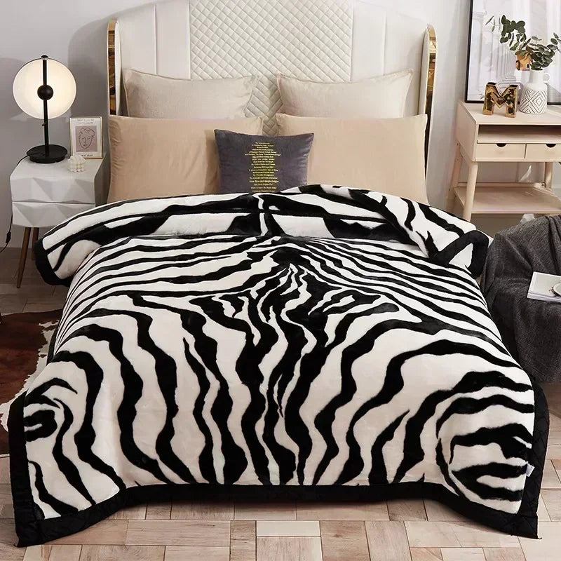 Korean Raschel 2-Ply Heavy Fleece Blanket, 78x90 Queen Size Reversible Geometric Plush Blanket shown in a pink floral bedroom design; reversible geometric blanket for queen-size comfort.