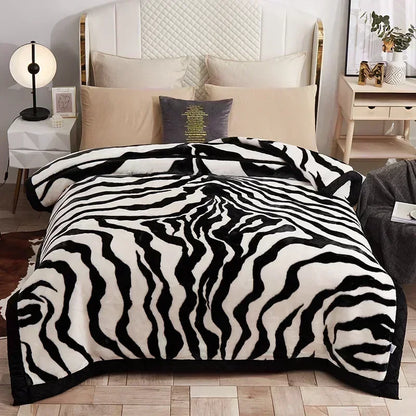 Korean Raschel 2-Ply Heavy Fleece Blanket, 78x90 Queen Size Reversible Geometric Plush Blanket shown in a pink floral bedroom design; reversible geometric blanket for queen-size comfort.