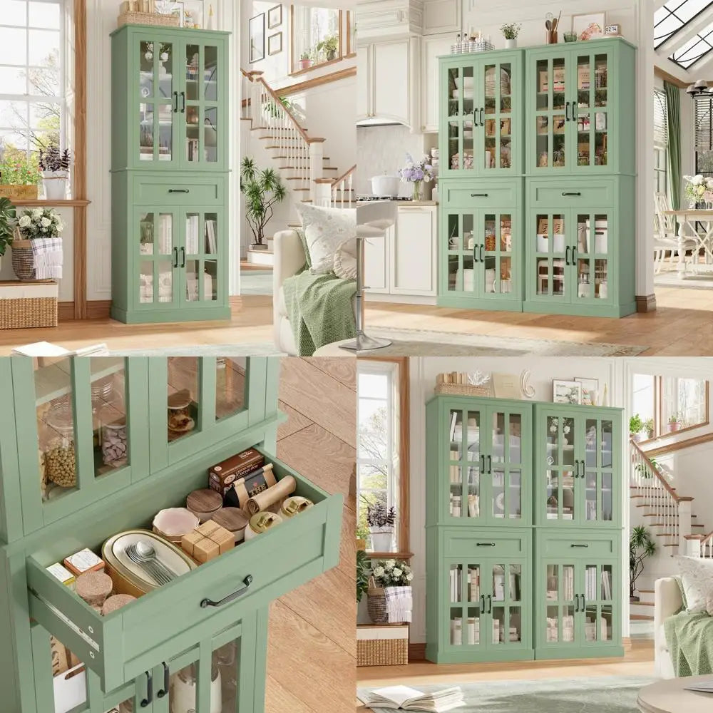 Elegant Glass Door Wooden Tall Storage Cabinet with Drawer – 71” Green Pantry Bookcase featuring adjustable shelves, a stylish glass door storage cabinet.