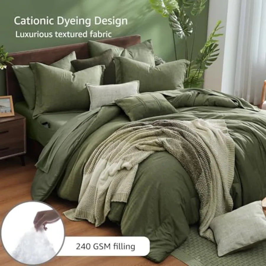 The complete olive green 7 piece bed in a bag set including comforter, sheets, and pillowcases on a neatly made modern bed.