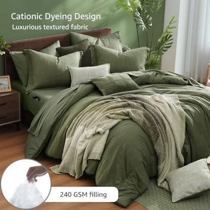 The complete olive green 7 piece bed in a bag set including comforter, sheets, and pillowcases on a neatly made modern bed.