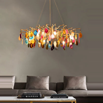 Art Deco chandelier featuring vibrant colorized agate slices, a stunning LED pendant light for modern homes.