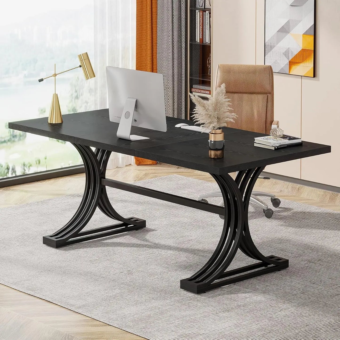Modern Rectangular Faux Marble Table Top Executive Desk 