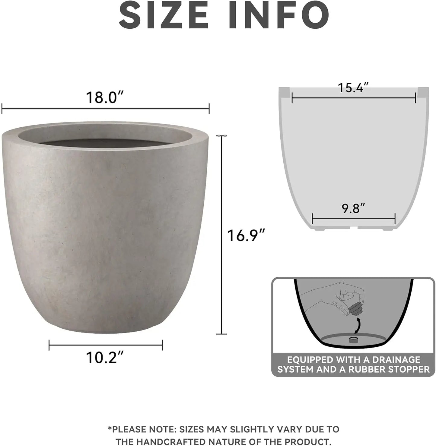 Large & Versatile 18" Concrete Round Planter w/Drainage Hole