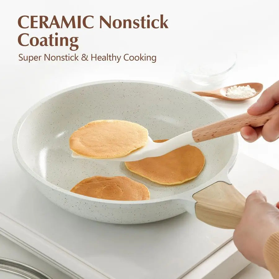 HomelyOasis 8-Inch White Ceramic Nonstick Heavy Duty Frying Pan W/ Glass Lid – nonstick ceramic skillet for eggs, pancakes, and veggies