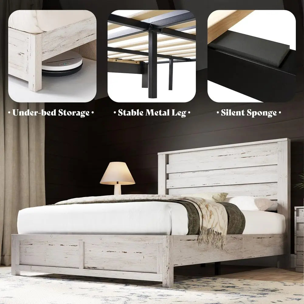 Queen Size Distressed White Bed Frame combined with soft neutral bedding for a welcoming farmhouse look.