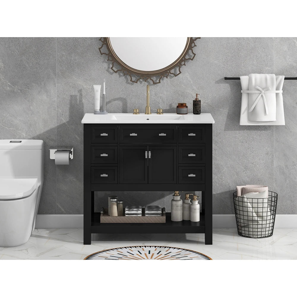 Modern 36'' Independent Bathroom Vanity w/Mounted Ceramic Sink