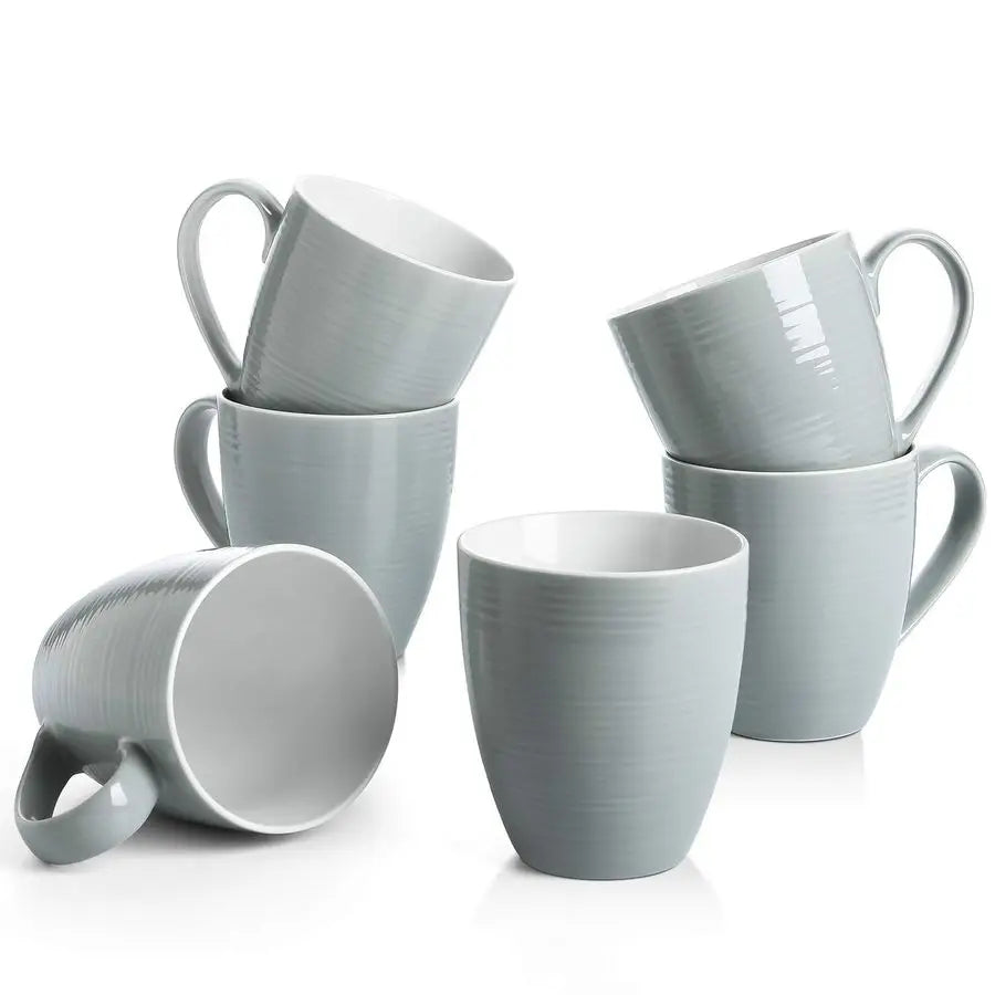 Elegant display of Set of 6 Modern Gray Ceramic Coffee Mugs - enjoy your beverages in this stylish ceramic coffee mugs set.