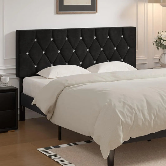 Elegant Queen/King Size Black Velvet Upholstered Headboard w/Diamond Tufting 