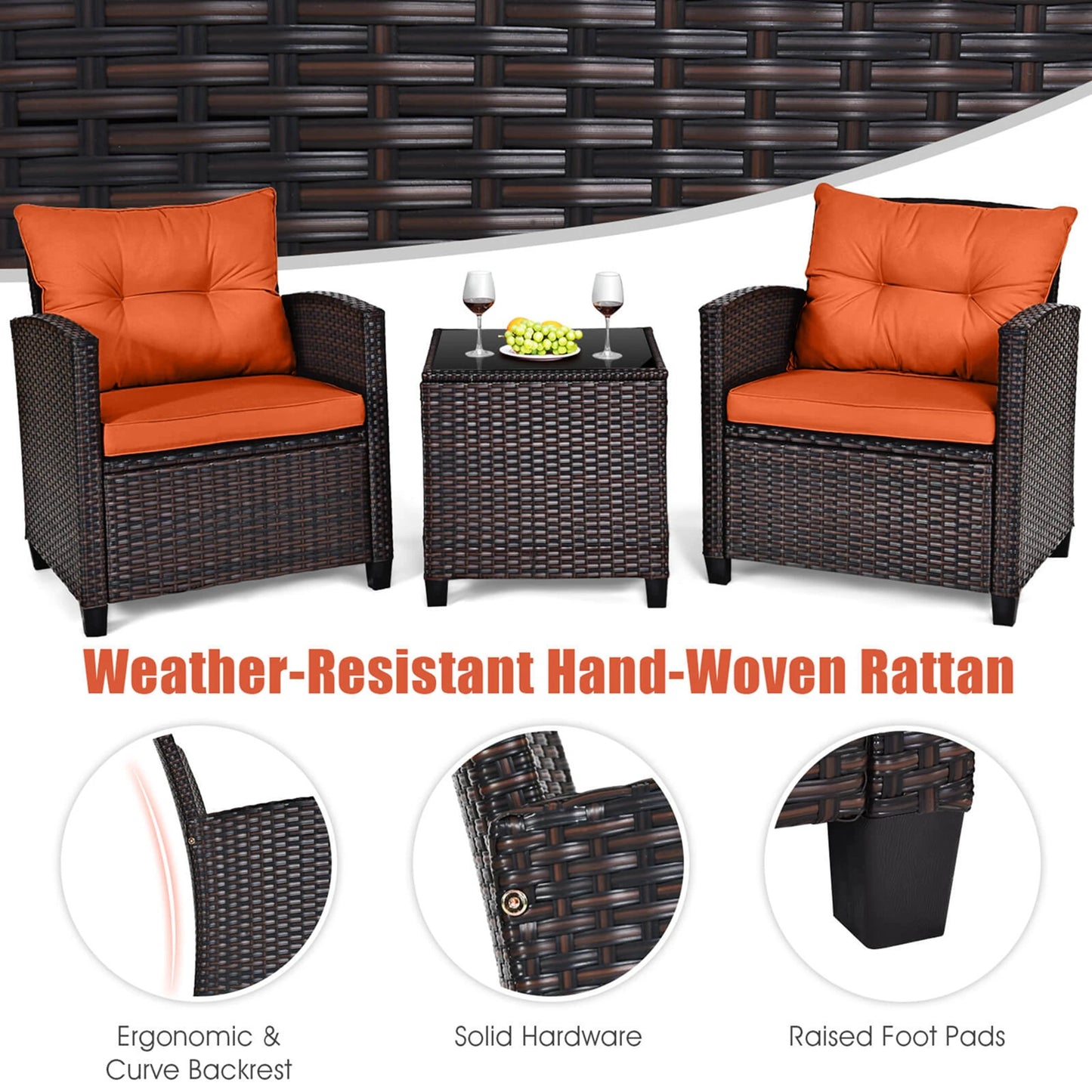 Lifestyle image of the 3-Piece Mixed Brown Rattan Wicker Bistro Set for Garden, Balcony & Poolside with drinks on the table, perfect for intimate gatherings with the outdoor wicker bistro set.