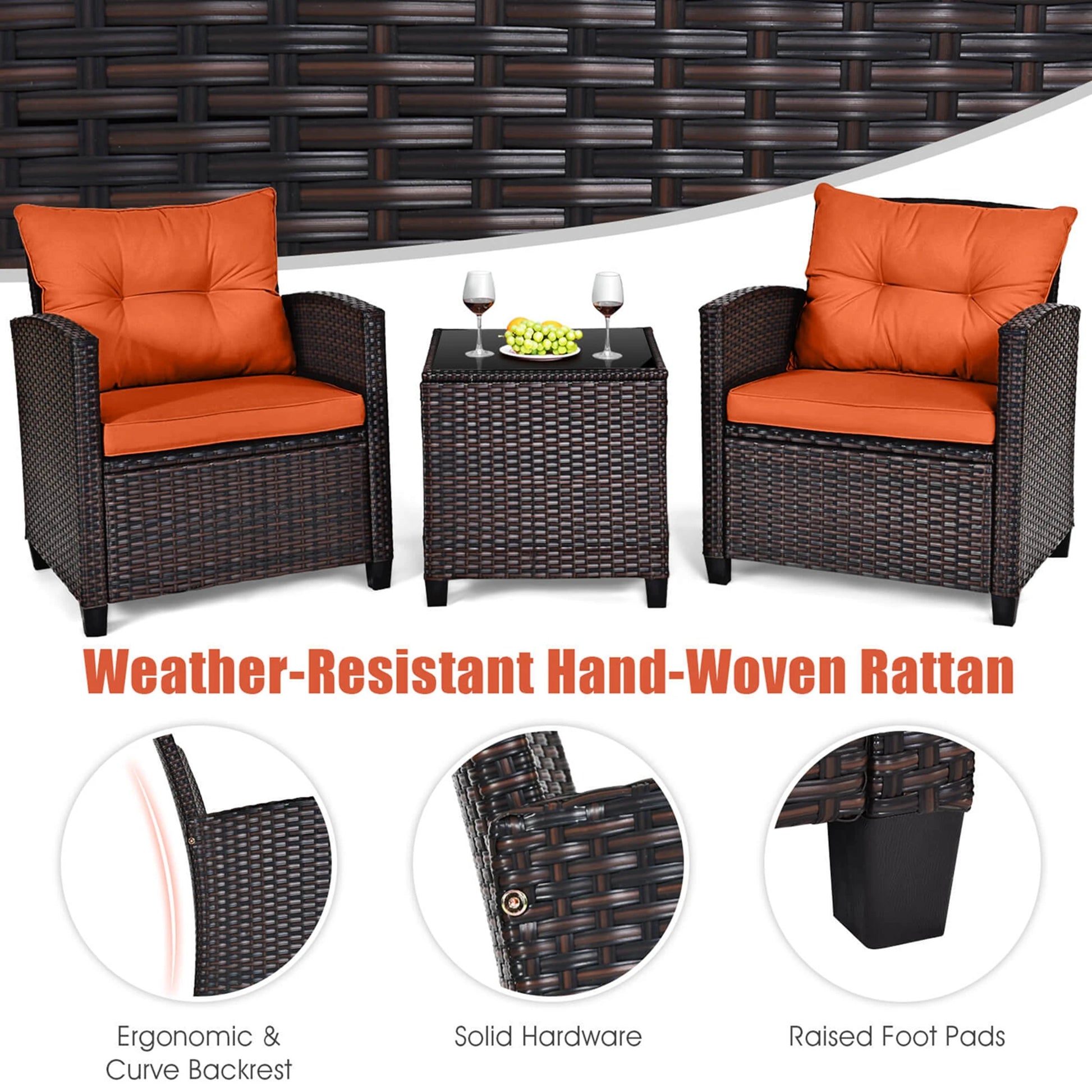 Lifestyle image of the 3-Piece Mixed Brown Rattan Wicker Bistro Set for Garden, Balcony & Poolside with drinks on the table, perfect for intimate gatherings with the outdoor wicker bistro set.