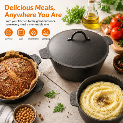 5.2 QT Pre-Seasoned Cast Iron Dutch Oven with delicious stew, emphasizing its cooking versatility.
