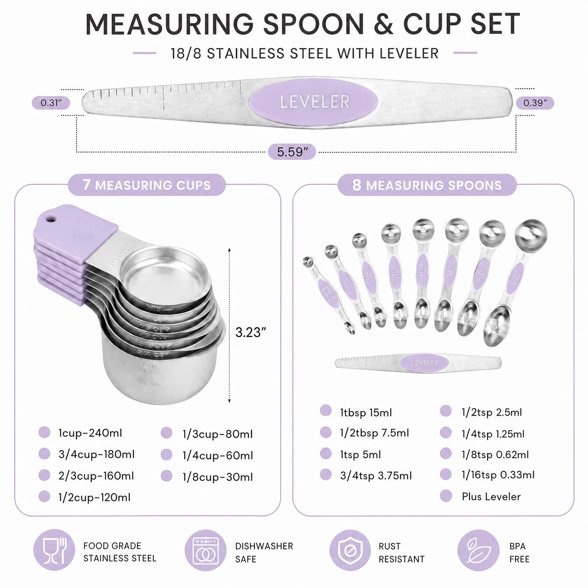 16-Piece Magnetic Measuring Cups and Spoons Set, 304 Stainless Steel with Purple Silicone Handles displayed as a complete kitchen set