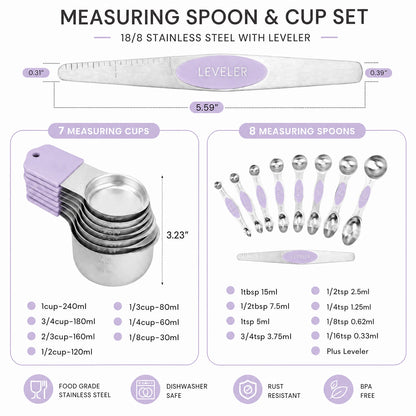 16-Piece Magnetic Measuring Cups and Spoons Set, 304 Stainless Steel with Purple Silicone Handles displayed as a complete kitchen set