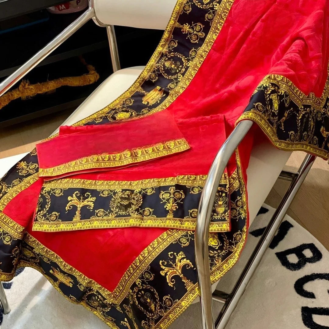 Premium 3-Piece 100% Cotton Bath Towel Set w/a Vintage Baroque Print Border