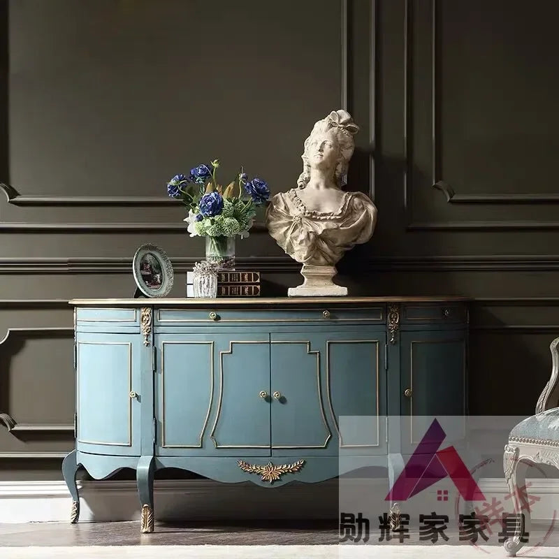 Elegant Blue & Gold French-American Style Sideboard Cabinet in a dining room setting; an elegant blue and gold sideboard that adds sophistication to any gathering.