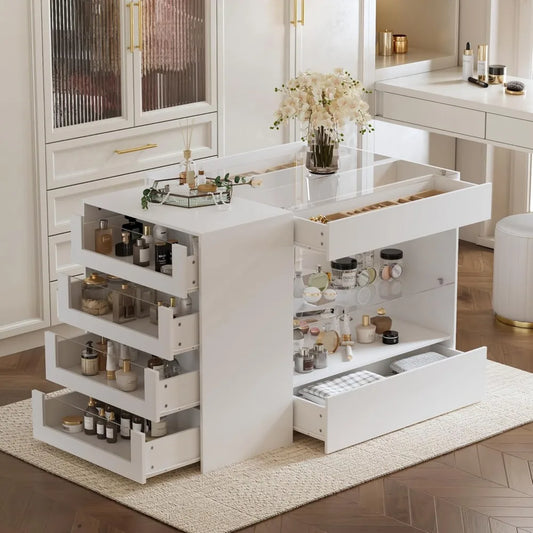 Vanity Storage Island/Jewelry Display Cabinet w/Glass Top & 8 Drawers