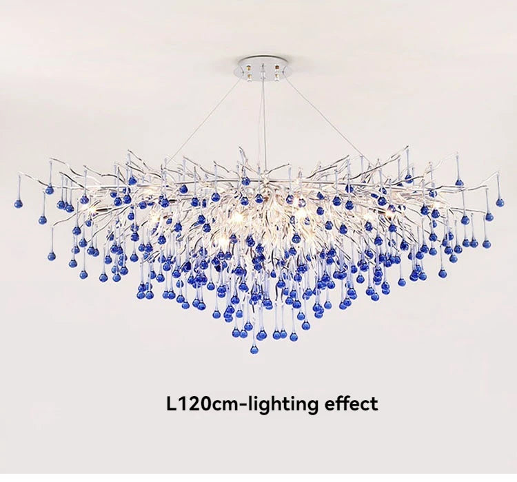 Luxury Chrome Branch  &  Silver Blue Crystal Ceiling Chandelier