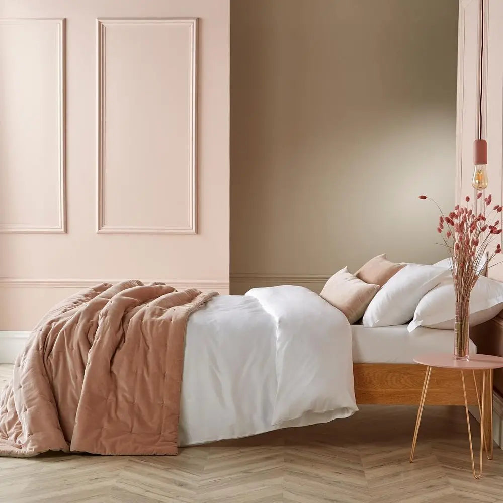 Reversible Luxury Cotton Velvet Throw - Dusky Pink Quilted Design 55"L x 79"W, showcasing its soft texture and elegant look as a reversible cotton velvet throw.