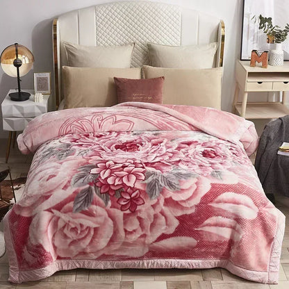 Korean Raschel 2-Ply Heavy Fleece Blanket, 78x90 Queen Size Reversible Geometric Plush Blanket with a burgundy botanical design; reversible geometric blanket for cold-weather comfort.