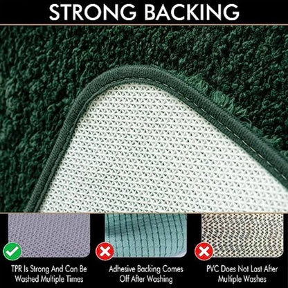 Overview of both sizes in the 2-Piece Dark Green Microfiber Bath Rug Set, perfect for any bathroom.