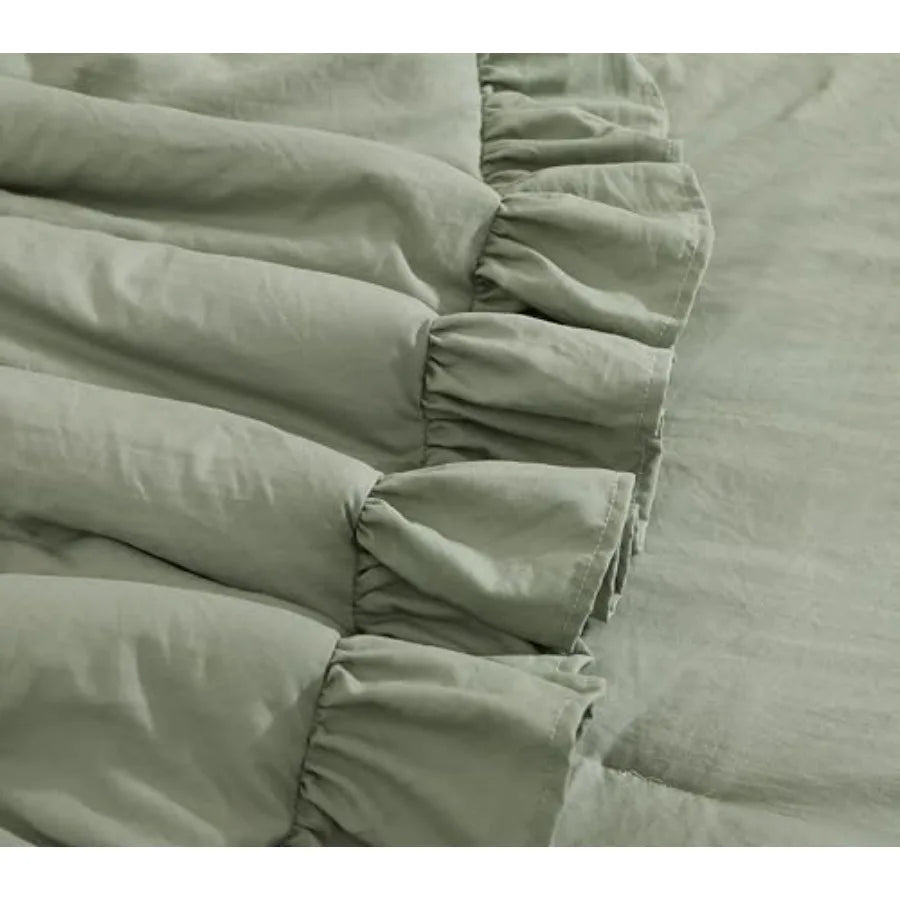 Luxury Sage Green Ruffle Comforter Set – 7-Piece Farmhouse Bedding with Sheets, Soft Elegant All-Season Bed Set