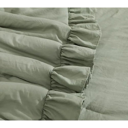 Luxury Sage Green Ruffle Comforter Set – 7-Piece Farmhouse Bedding with Sheets, Soft Elegant All-Season Bed Set