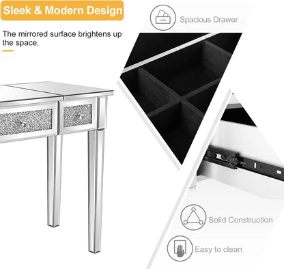 The spacious top of the 33.9" Elegant Silver Mirrored Vanity Table styled with cosmetics, depicting its functionality as a silver vanity table.