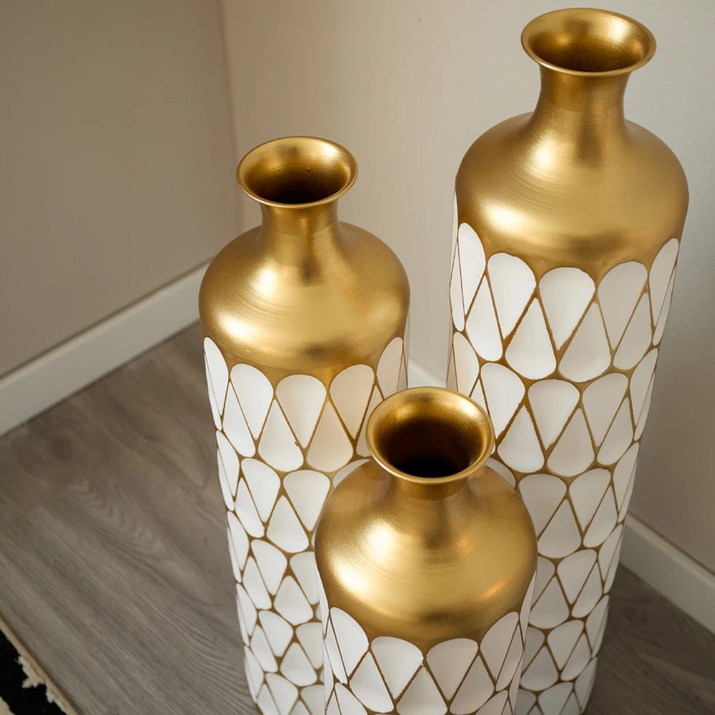White Tall & Slender Metal Cylindrical Floor Vase~Set of 3