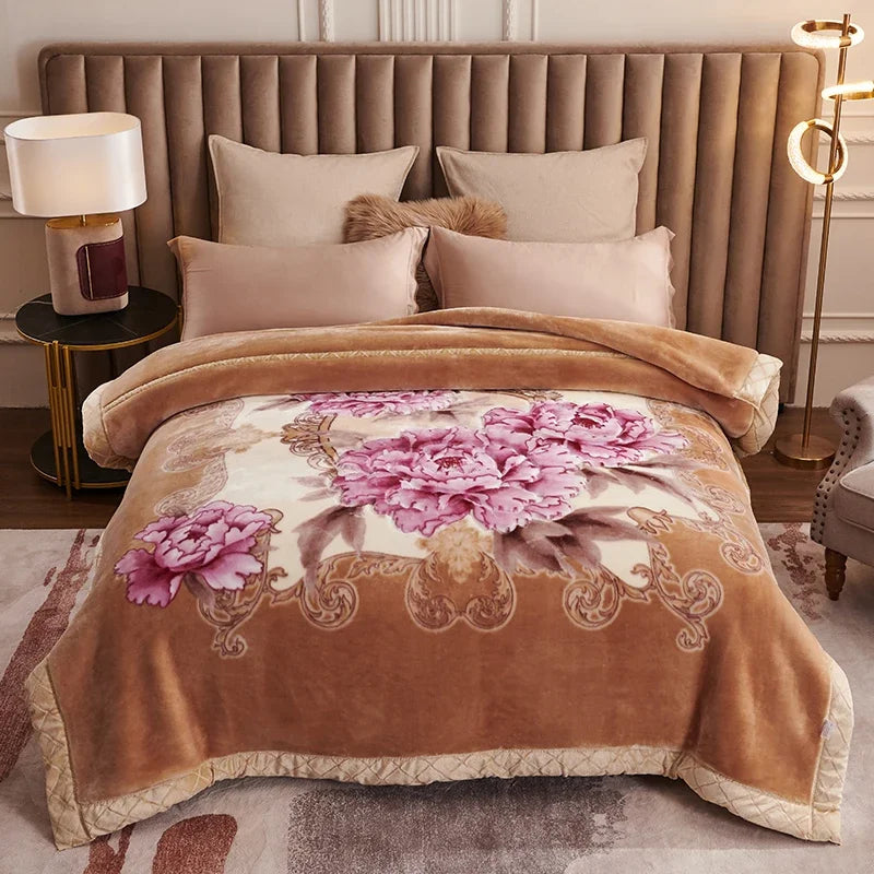 Korean Raschel 2-Ply Heavy Fleece Blanket, 78x90 Queen Size Reversible Geometric Plush Blanket shown in a soft pink floral design; reversible geometric blanket for queen beds.