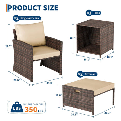 Entire Modern 5-Piece Patio Conversation Set displayed on a balcony, showcasing its space-saving efficiency and stylish tan color scheme.