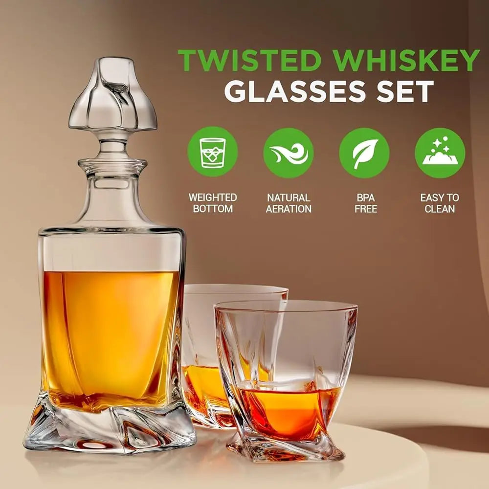 Elegant Crystal Whiskey Decanter Set w/4 BPA Free Glasses