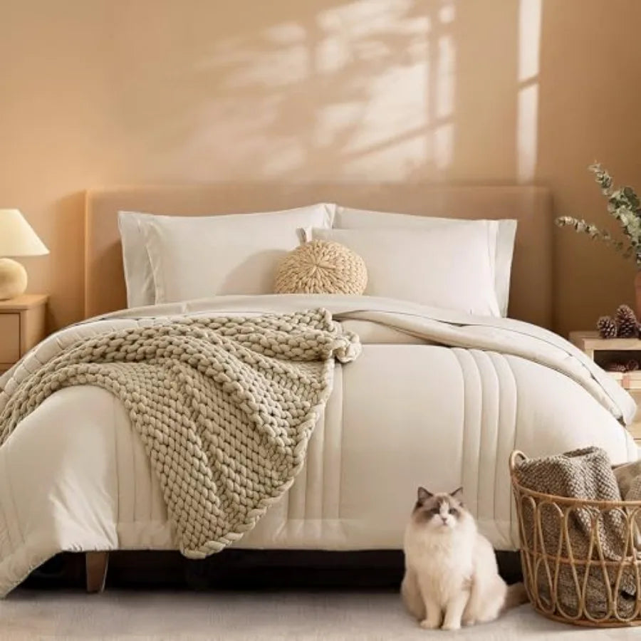 Luxury Apricot Beige King Comforter Set – 7 Piece Bed in a Bag featuring soft fabric, perfect for year-round comfort with an apricot beige comforter.