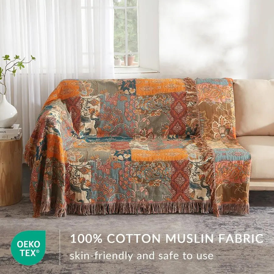 Ultra Soft 100% Muslin Cotton Boho Throw Blanket w/Printed Patchwork Floral Design