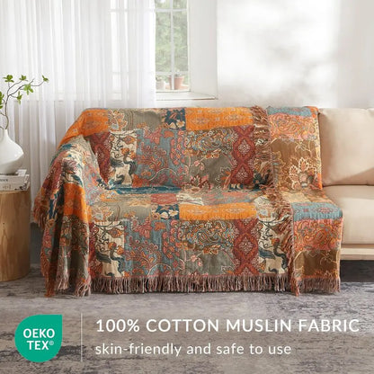 Ultra Soft 100% Muslin Cotton Boho Throw Blanket w/Printed Patchwork Floral Design