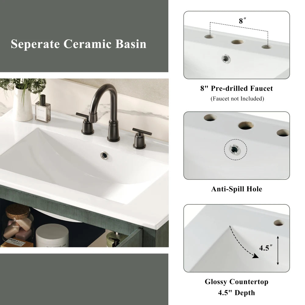 American Retro Style 30" Bathroom Vanity w/Separate Ceramic Sink