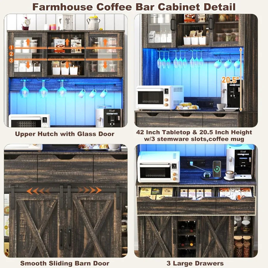 Farmhouse Coffee Bar Cabinet/Liquor Bar/Pantry Cabinet w/RGB Lights
