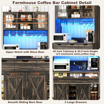 Farmhouse Coffee Bar Cabinet/Liquor Bar/Pantry Cabinet w/RGB Lights