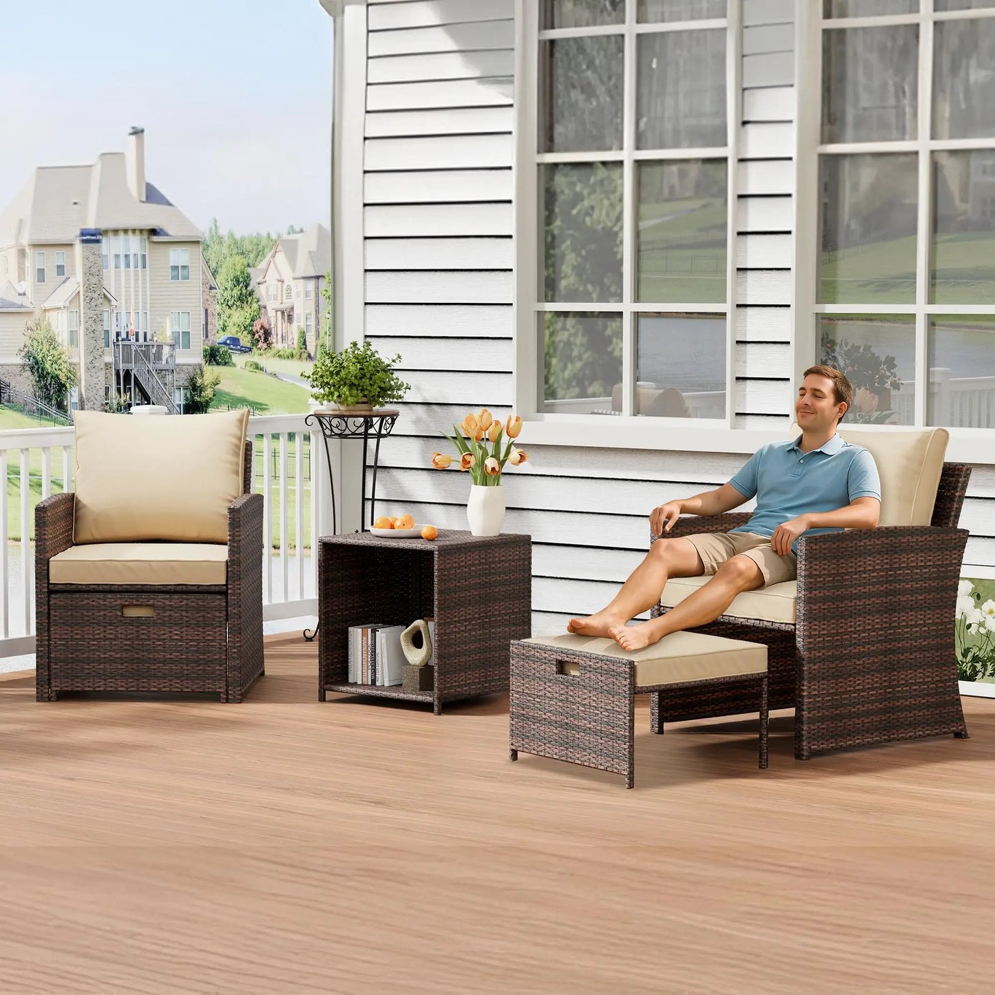 Modern 5-Piece Patio Conversation Set featuring ergonomic design and all-weather PE rattan, perfect for balconies and patios.