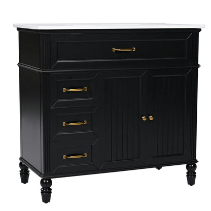 Freestanding 36" Black  Bathroom Vanity w/Retro Gold Handles & Ceramic Sink