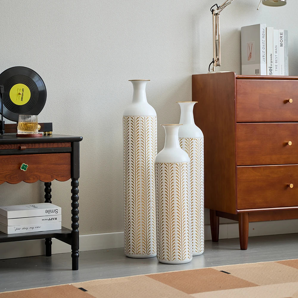 White Tall & Slender Metal Cylindrical Floor Vase~Set of 3