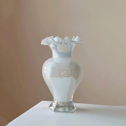 Close-up view of the Vintage 24Cm Opalescent Ruffled Edged Fenton Glass Vase highlighting the opalescent finish.