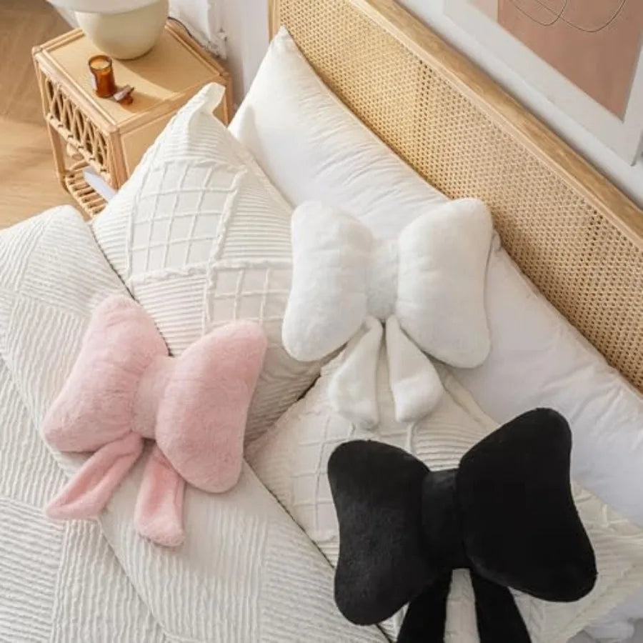 Close-up of Pink Bow Throw Pillow showing plush faux rabbit fur texture, ideal for chic bedroom decor.
