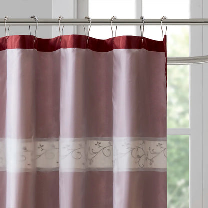 Transitional Red Pleated Shower Curtain w/Delicate Floral Embroidery