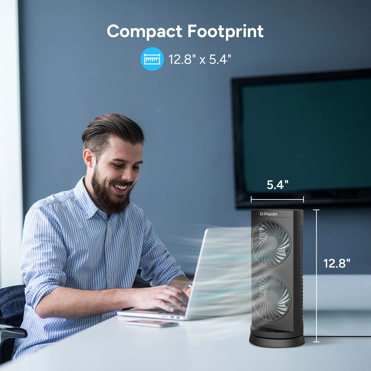 DR.PREPARE Portable Desk Tower Fan - Dual Fan Design with 110° Oscillation - Black, portable desk fan with wide 110° oscillation